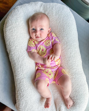 Pink Lemonade Short Set for babies, featuring a vibrant design, perfect for warm weather play. Angle 3 view.