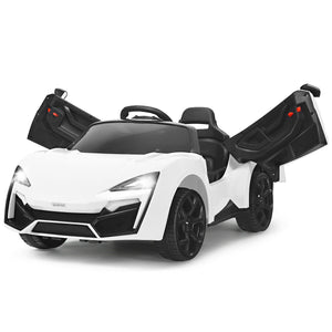 12V 2.4G RC electric vehicle for kids, featuring lights, angled view showcasing design and fun features.