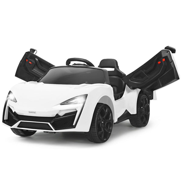 12V 2.4G RC electric vehicle for kids, featuring lights, angled view showcasing design and fun features.