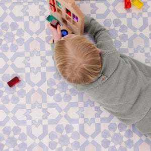 Blue Tile Vegan Leather Mat for babies, perfect for playtime and safe flooring, shown at angle 14.
