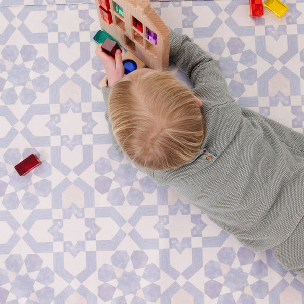 Blue Tile Vegan Leather Mat for babies, perfect for playtime and safe flooring, shown at angle 14.