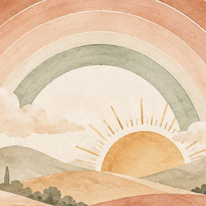 Rainbow Sunrise Hills kids rug, close up of the watercolor artwork