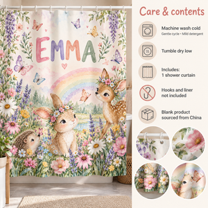 Care and contents of the Rainbow Garden personalized kids shower curtain