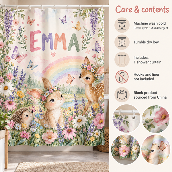 Care and contents of the Rainbow Garden personalized kids shower curtain