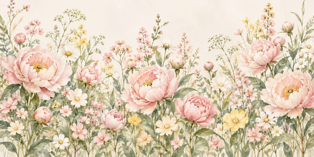 Watercolor Peony Garden Wall Mural, image 1