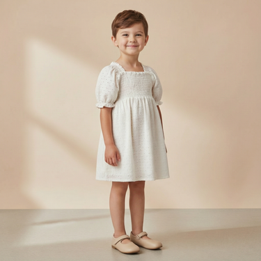 Organic Eyelet Bubble Sleeve Dress - Ivory Eyelet