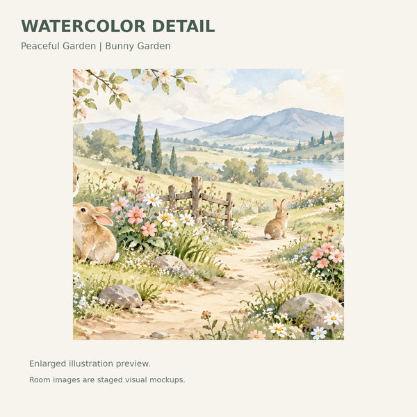 Watercolor Peaceful Garden Bunny Wall Mural, image 4