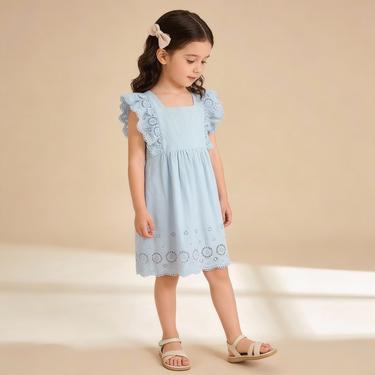 Organic Eyelet Flutter Dress - Light Blue Eyelet