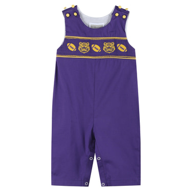 Purple and Gold Football and Tiger Smocked Overalls - MOOGCO Baby