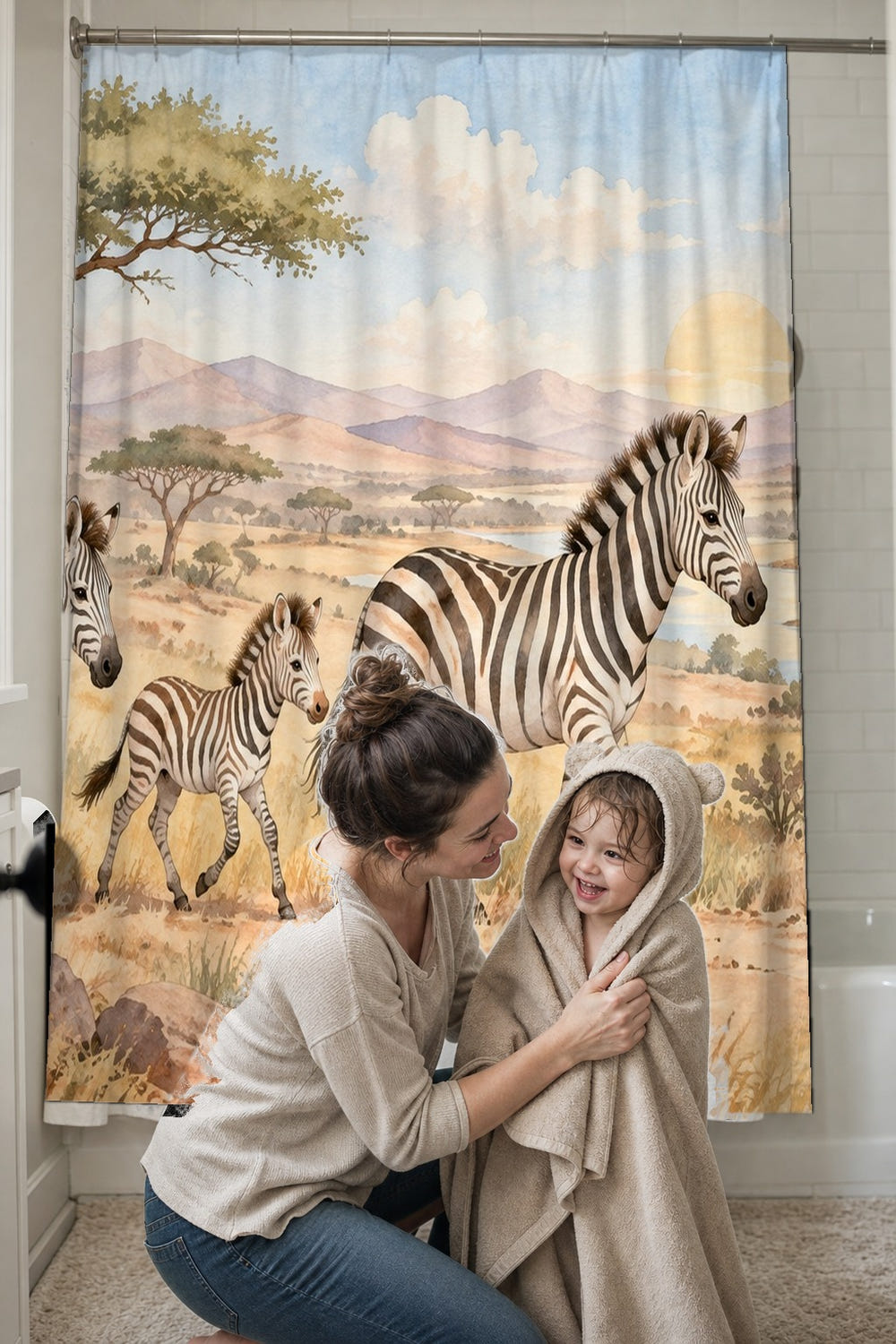 Zebra Family Safari shower curtain, full front view of the 71 x 74 in fabric curtain