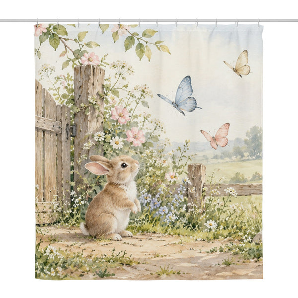 Butterfly Gate Bunny shower curtain, full front view of the 71 x 74 in fabric curtain