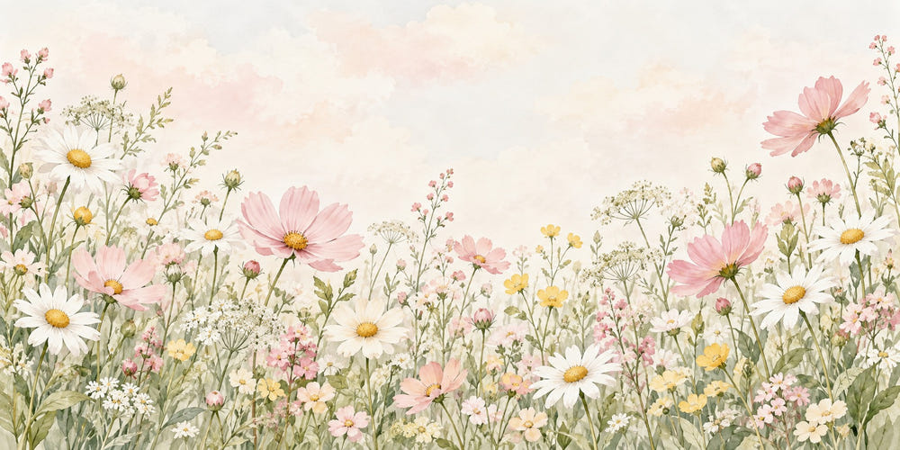 Watercolor Cosmos and Daisy Meadow Wall Mural, image 1