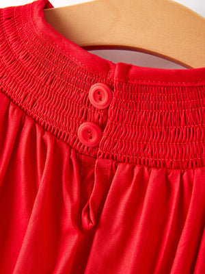 Girls red dress with bow smocking and embroidery, angle 6 view. Perfect for special occasions and everyday wear.
