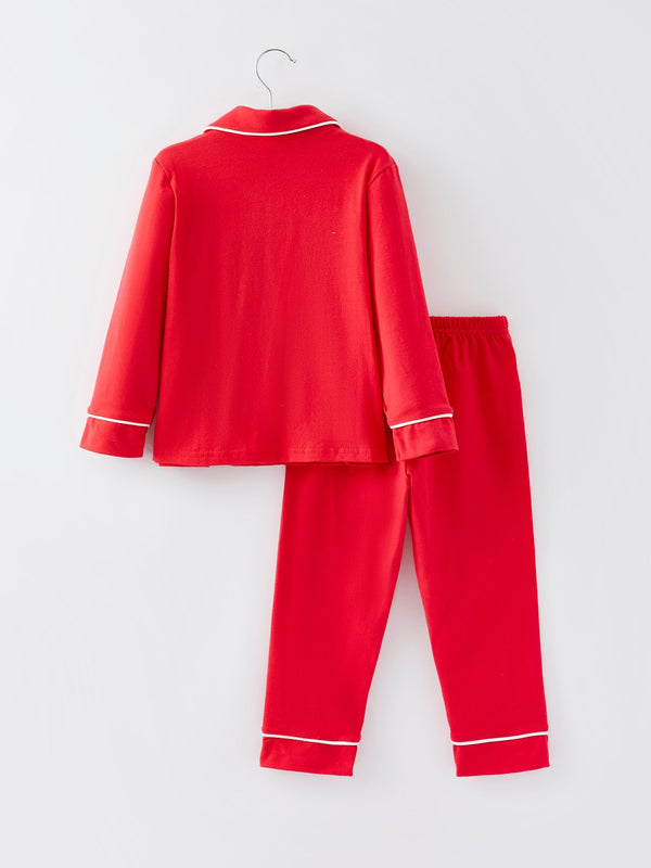 Christmas red boys' Santa Claus embroidered pajamas, angle view, perfect for festive holiday sleepwear.