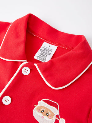 Christmas red boys' Santa Claus embroidered pajamas, angle 3 view, perfect for festive holiday sleepwear.
