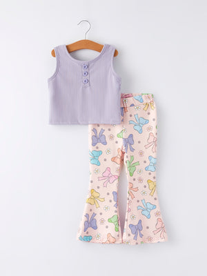 Purple girls' top with bow and floral print bell bottom pants set for stylish baby outfits.
