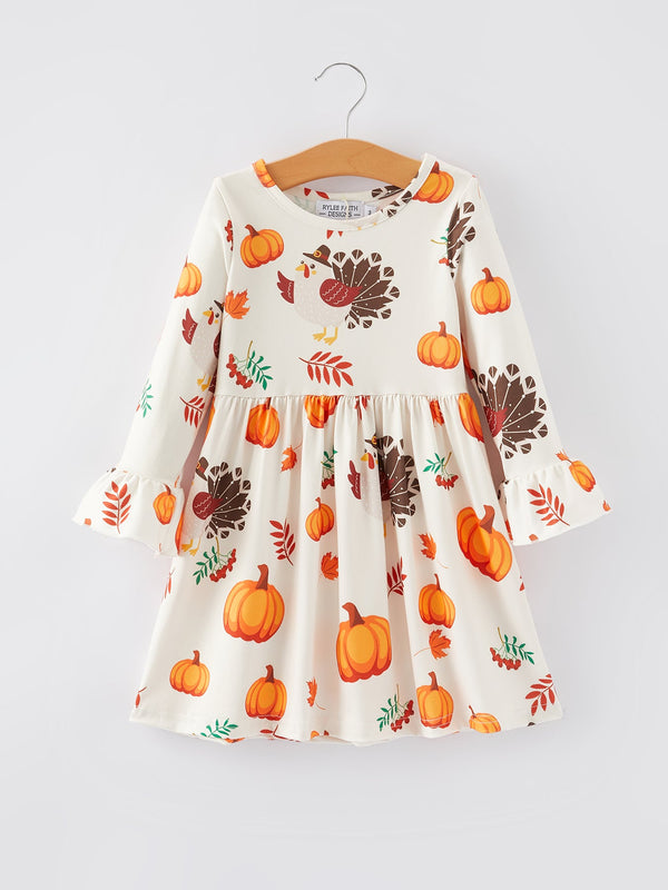 Thanksgiving Turkey Pumpkin Print Girls Dress
