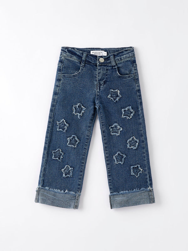 4th of july Stylish Star Shaped Distressed Button Jeans