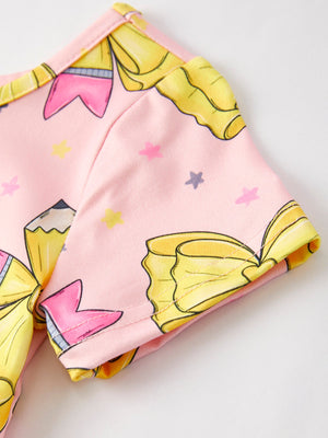 Back to School Yellow Bow Print Girls Dress