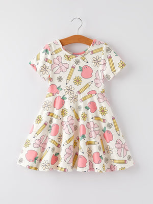 Back to School Apple, Pencil, and Floral Print Girls Dress