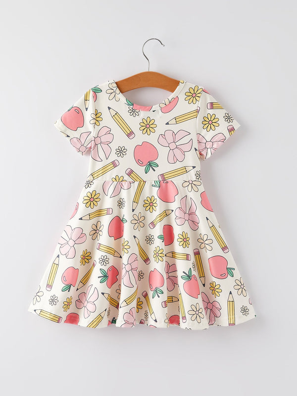 Back to School Apple, Pencil, and Floral Print Girls Dress