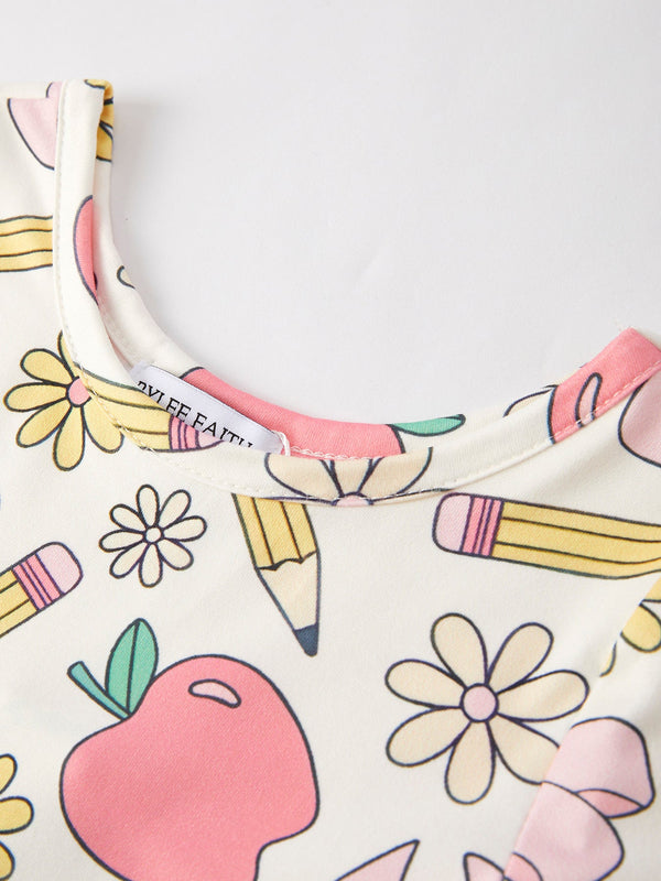 Back to School Apple, Pencil, and Floral Print Girls Dress