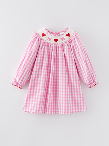 Valentine's Day Heart Bow Smocking Embroidered Pink Dress for babies, perfect for festive occasions.