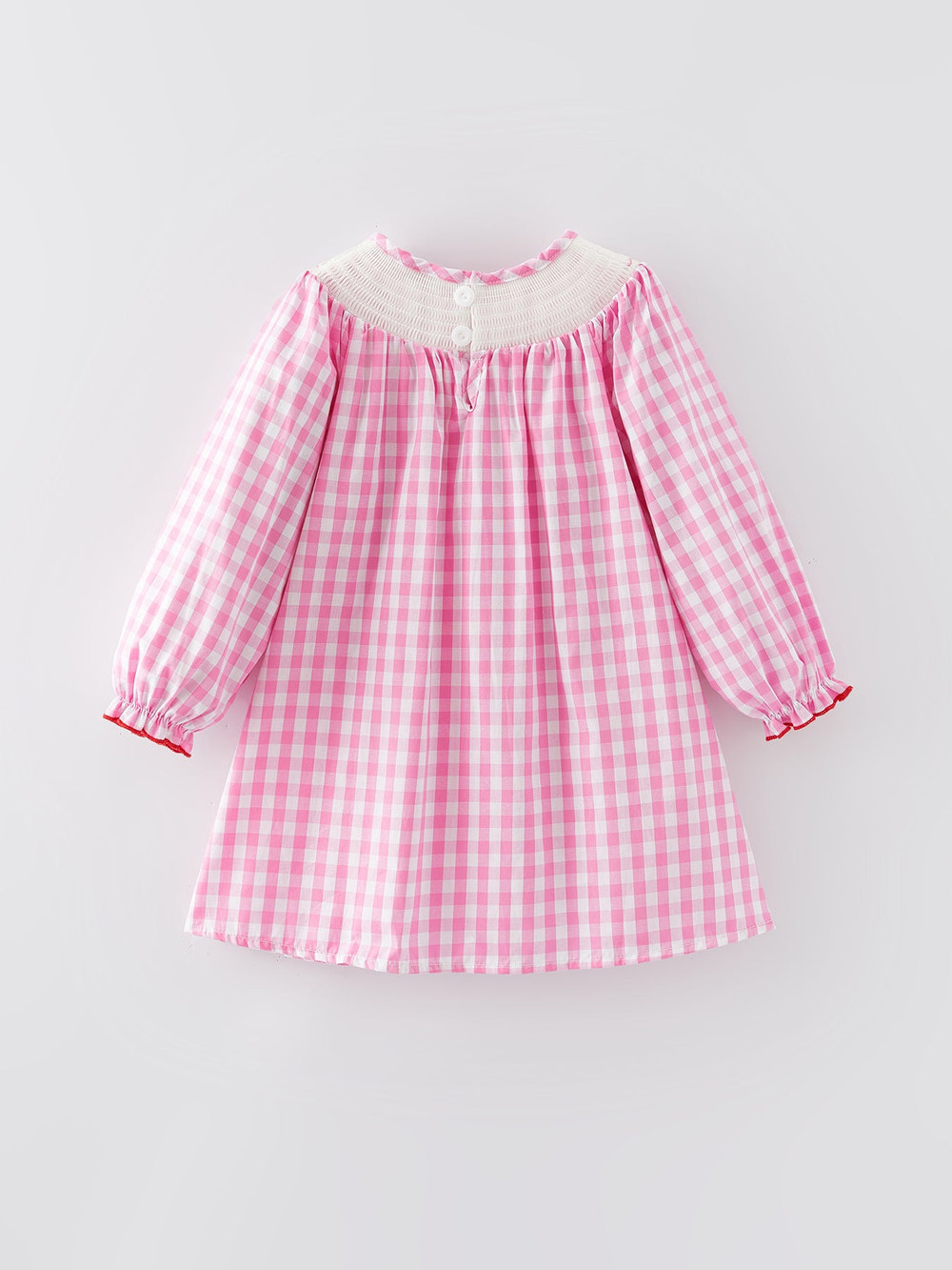 Valentine's Day Heart Bow Smocking Embroidered Pink Dress for babies, perfect for festive occasions.