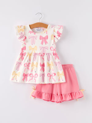BACK TO SCHOOL Girl's Summer Bow Short Sleeve Shorts Set