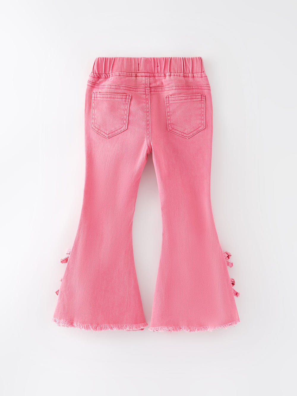 Girls pink bow flared elastic denim pants for stylish and comfortable baby outfits.