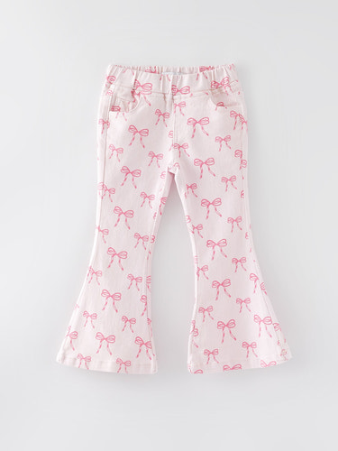 Fall Girls Pink Bow Print Elastic Flared Jeans Denim pant