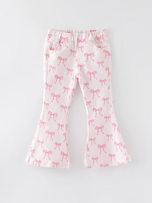Fall Girls Pink Bow Print Elastic Flared Jeans Denim pant