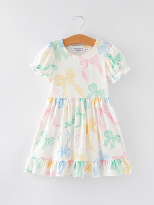 Easter Colorful Bow Print Puff Sleeves Girls Dress