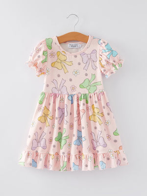 Colorful Bow Print Ruffles Girls Dress