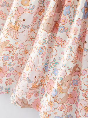Easter Bunny Floral Print Fly Sleeve Girls Dress