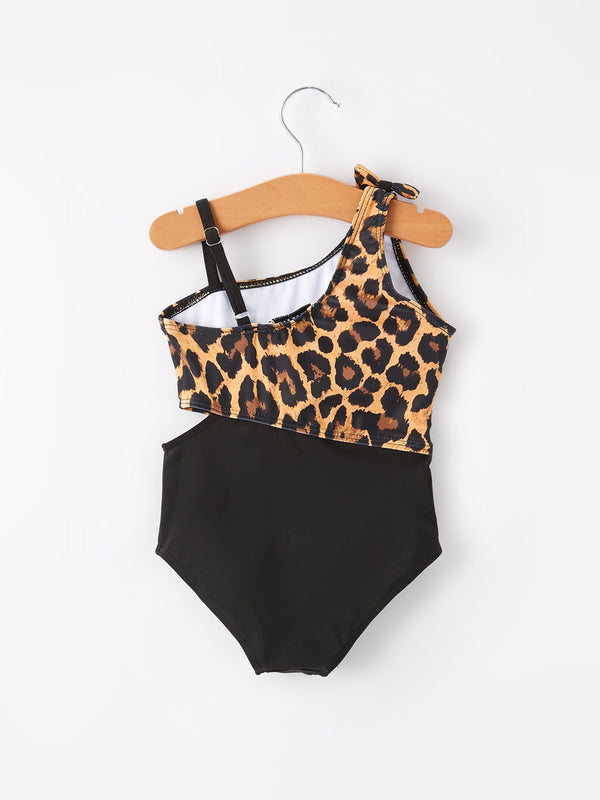Leopard print girls' swimsuit at angle 2, perfect for stylish summer fun.