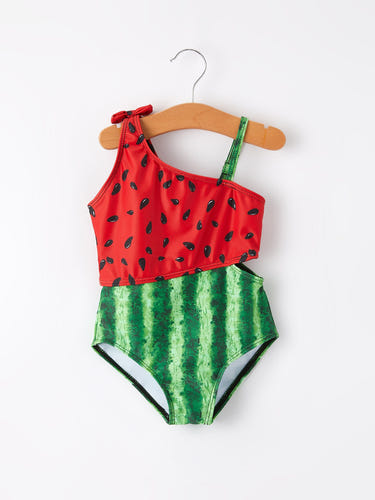 Two-piece swimsuit with watermelon pattern on a white background