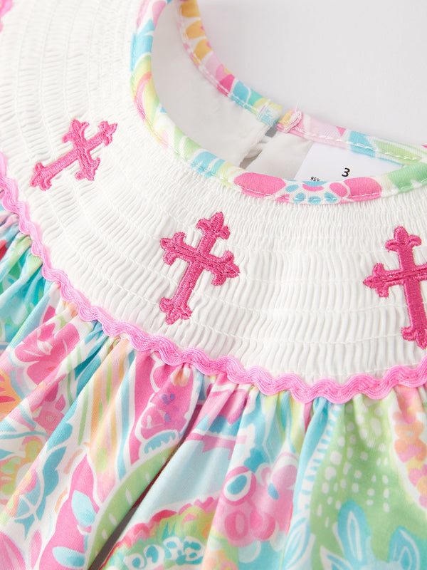 Easter Cross Smocking Embroidery Baby Girl Set at angle 8, perfect for festive spring celebrations.