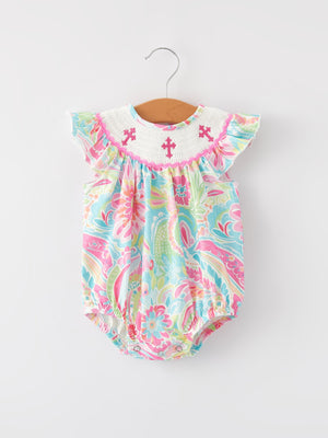 Easter Cross Smocking Embroidery Baby Girl Romper at angle 5, perfect for spring celebrations and adorable outfits.