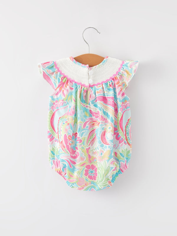 Easter Cross Smocking Embroidery Baby Girl Romper in angle view, perfect for spring celebrations and adorable outfits.