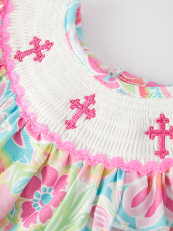 Easter Cross Smocking Embroidery Baby Girl Romper in Angle 7 view, perfect for spring celebrations.