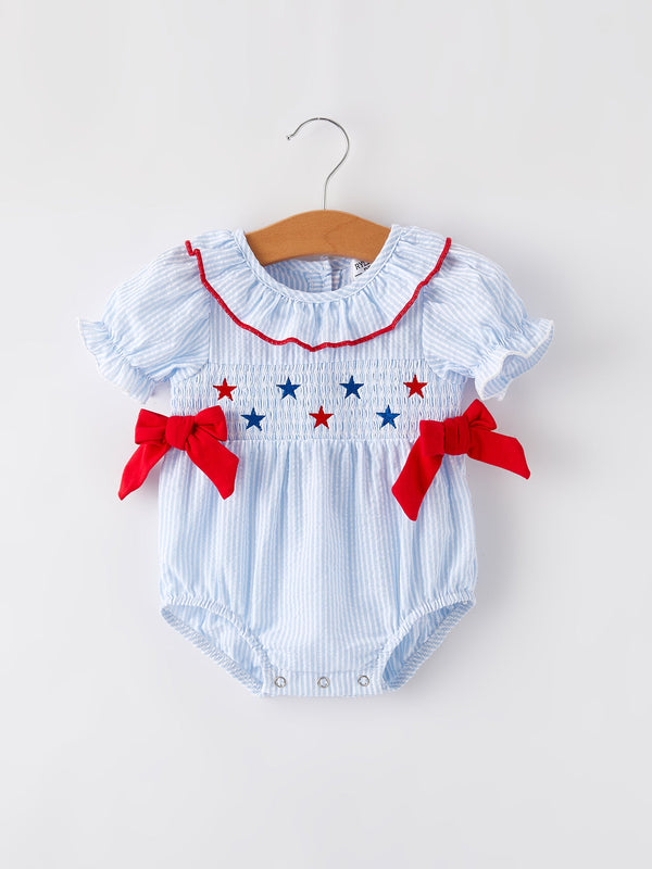 4th of july Girls' Smocking Star Embroidered Romper