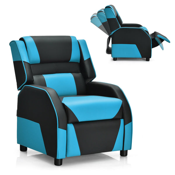 Kids PU leather gaming sofa recliner with headrest and footrest, perfect for playtime and relaxation. Angle 28 view.