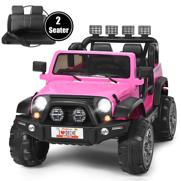 12V 2-seater ride-on car truck with remote control and storage, angled view showcasing its design and features.
