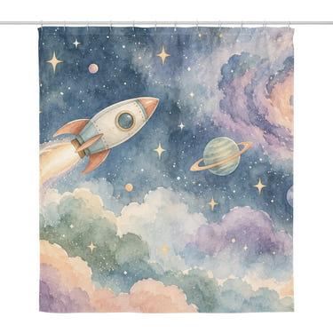 Rocket Journey shower curtain, full front view of the 71 x 74 in fabric curtain