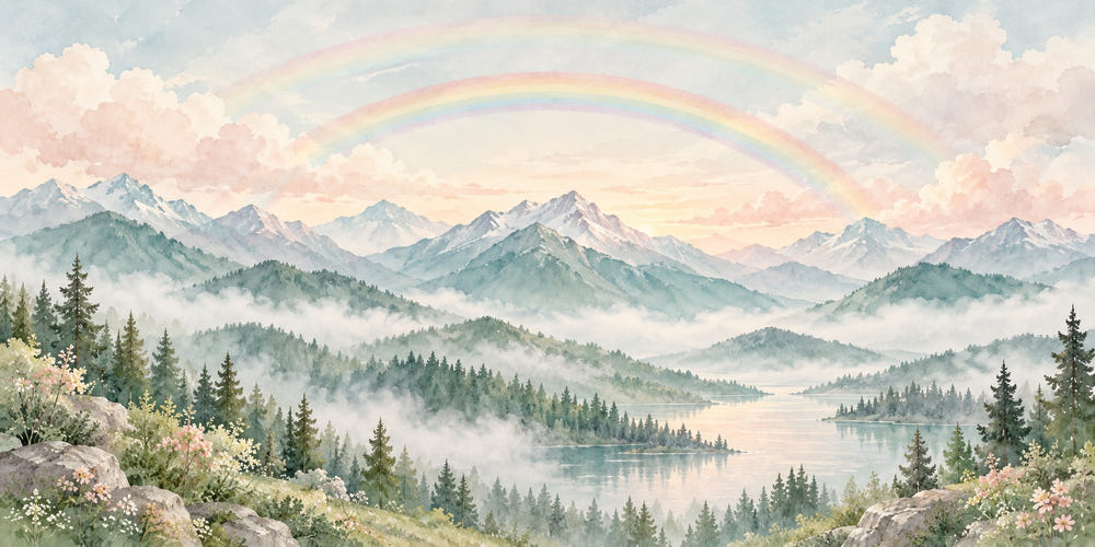 Watercolor Foggy Forest Rainbow Wall Mural, image 1
