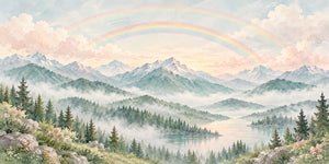 Watercolor Foggy Forest Rainbow Wall Mural, image 2