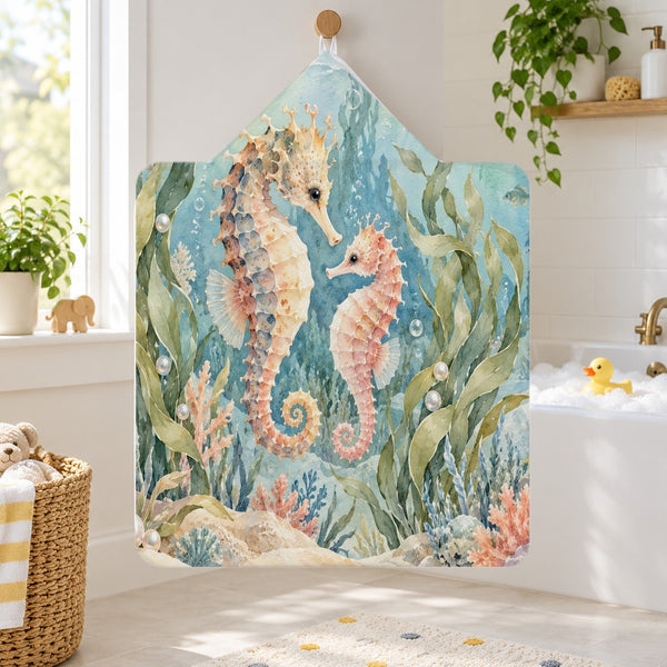 Seahorse Pair Ocean kids hooded bath towel hanging in a kids bathroom