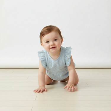 Organic Eyelet Flutter Romper - Light Blue Eyelet