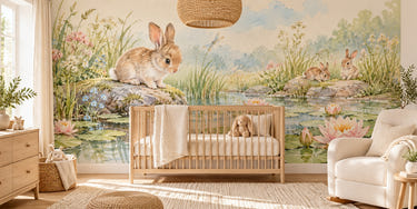 Watercolor Quiet Garden Pond Bunny Wall Mural, image 1